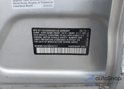 2010 Volkswagen Cc Sport from USA, damaged, VIN WVWMN7AN7AE562701